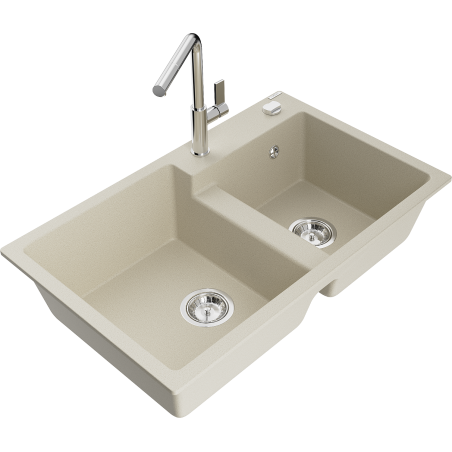 Mexen Tomas granit gootsteen, 2-kamerig met keukenmengkraan Flora, beige - 6516-69-670401-00