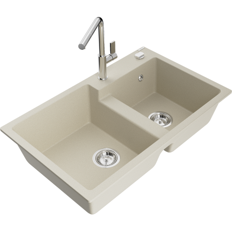 Mexen Tomas Granitspüle, 2-beckig, mit Küchenarmatur Flora, beige - 6516-69-670401-00