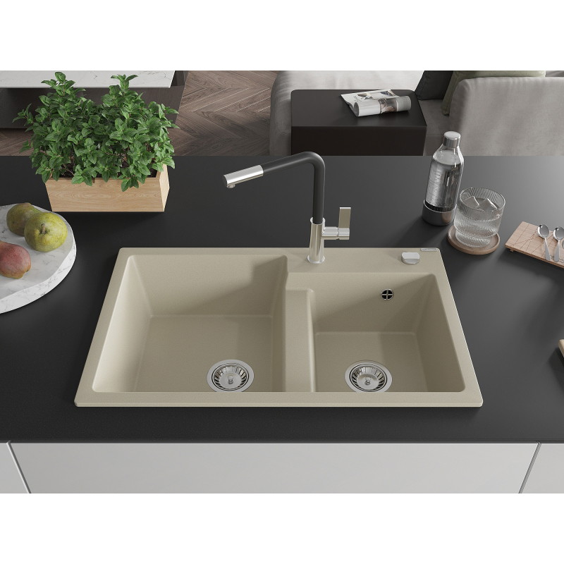 Mexen Tomas évier en granit à 2 bacs avec robinet de cuisine Flora, beige - 6516-69-670401-07