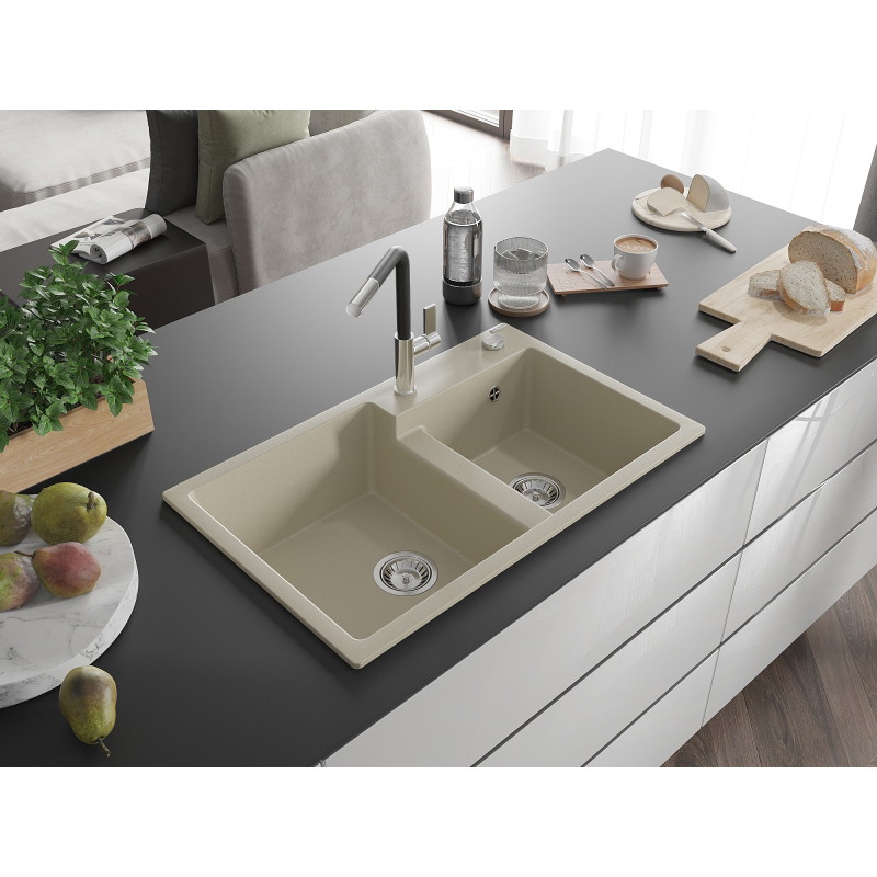 Mexen Tomas 2-vaks granieten gootsteen met keukenmengkraan Flora, beige - 6516-69-670401-07