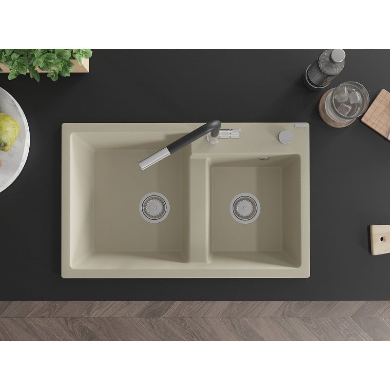 Mexen Tomas granite sink 2-bowl with Flora kitchen tap, beige - 6516-69-670401-07