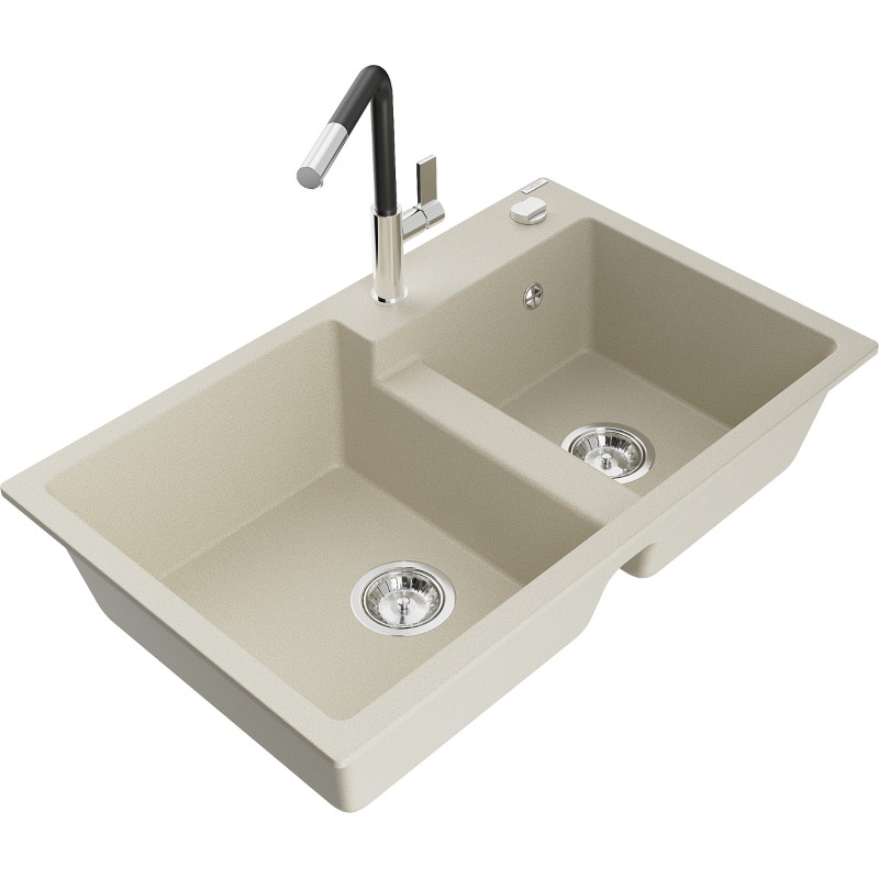 Mexen Tomas 2-vaks granieten gootsteen met keukenmengkraan Flora, beige - 6516-69-670401-07