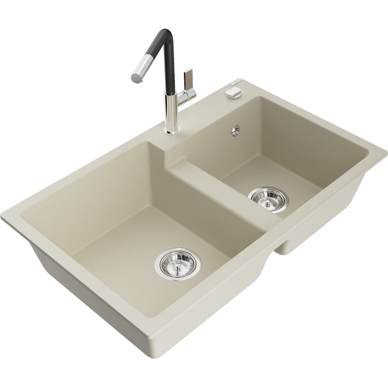 Mexen Tomas fregadero de granito de 2 senos con grifo de cocina Flora, beige - 6516-69-670401-07