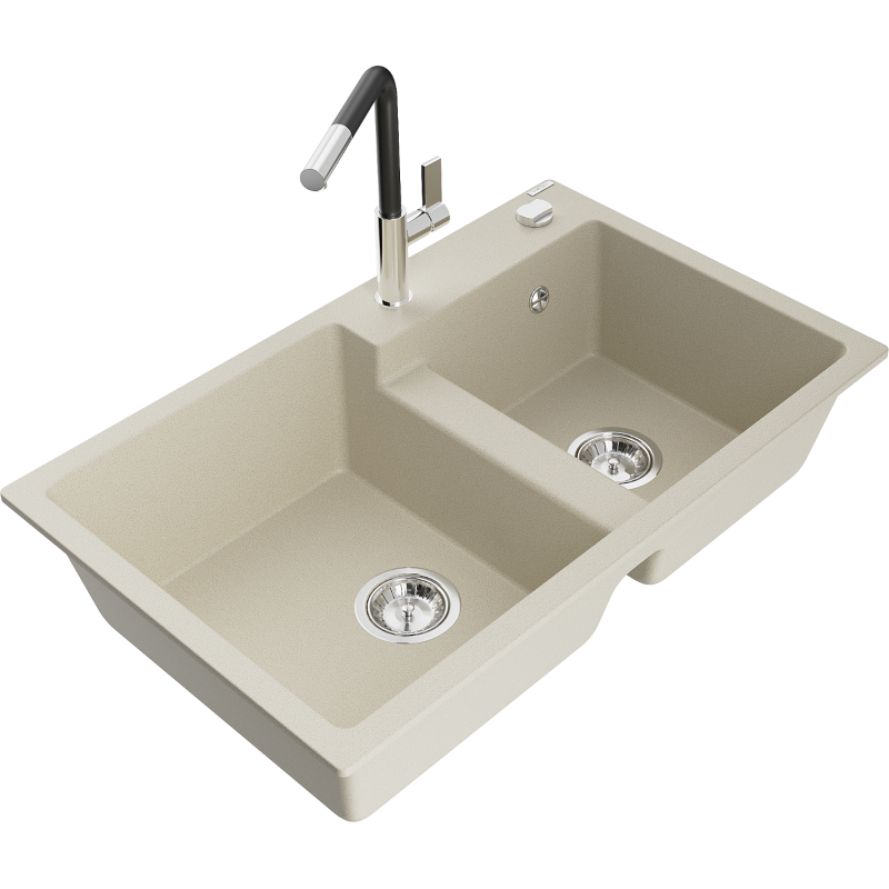 Mexen Tomas granieten gootsteen met 2 kamers en keukenkraan Flora, beige - 6516-69-670401-07