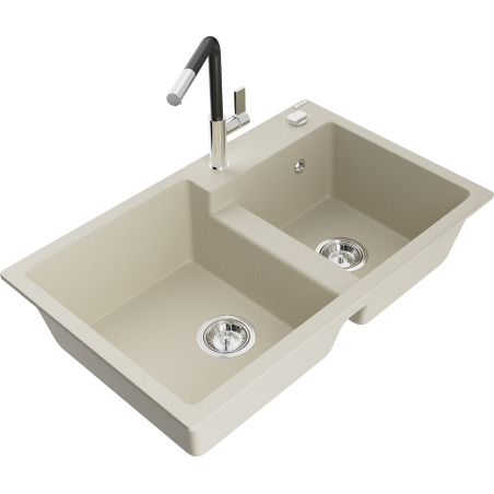 Mexen Tomas Granitspüle 2-Kammer mit Küchenarmatur Flora, beige - 6516-69-670401-07