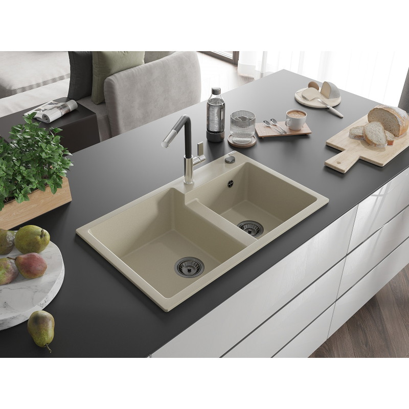 Mexen Tomas granitische spoelbak 2-kamerig met keukenmengkraan Flora, beige - 6516-69-670401-07-B