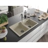 Mexen Tomas granite sink with 2 bowls and Flora kitchen tap, beige - 6516-69-670401-07-B
