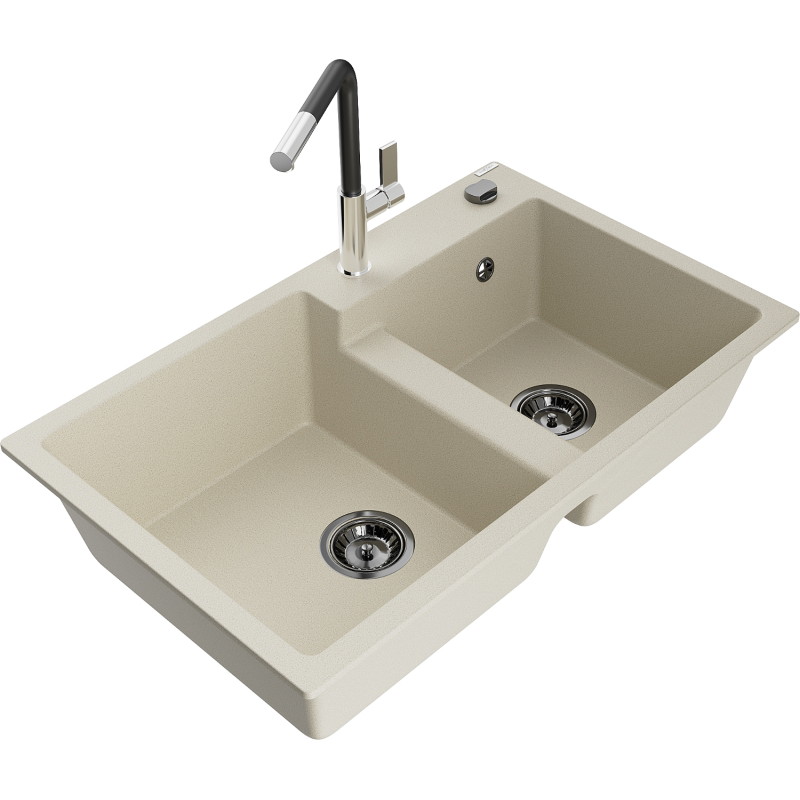 Mexen Tomas fregadero de granito de 2 compartimentos con grifo de cocina Flora, beige - 6516-69-670401-07-B
