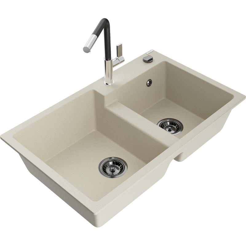 Mexen Tomas fregadero de granito de 2 senos con grifo de cocina Flora, beige - 6516-69-670401-07-B