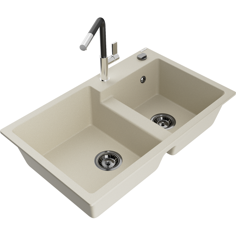 Mexen Tomas Granitspüle 2-Kammer mit Küchenarmatur Flora, Beige - 6516-69-670401-07-B