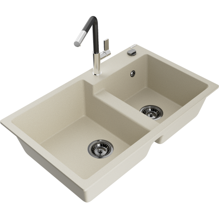 Mexen Tomas granite sink with 2 bowls and Flora kitchen tap, beige - 6516-69-670401-07-B