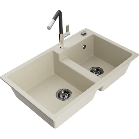 Mexen Tomas granitische spoelbak met 2 bakken en keukenmengkraan Flora, beige - 6516-69-670401-07-B