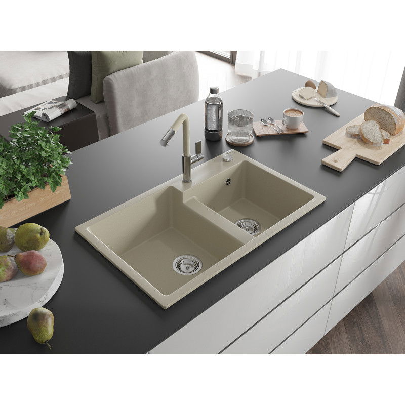 Mexen Tomas granite sink with 2 bowls and Flora kitchen tap, beige - 6516-69-670401-09