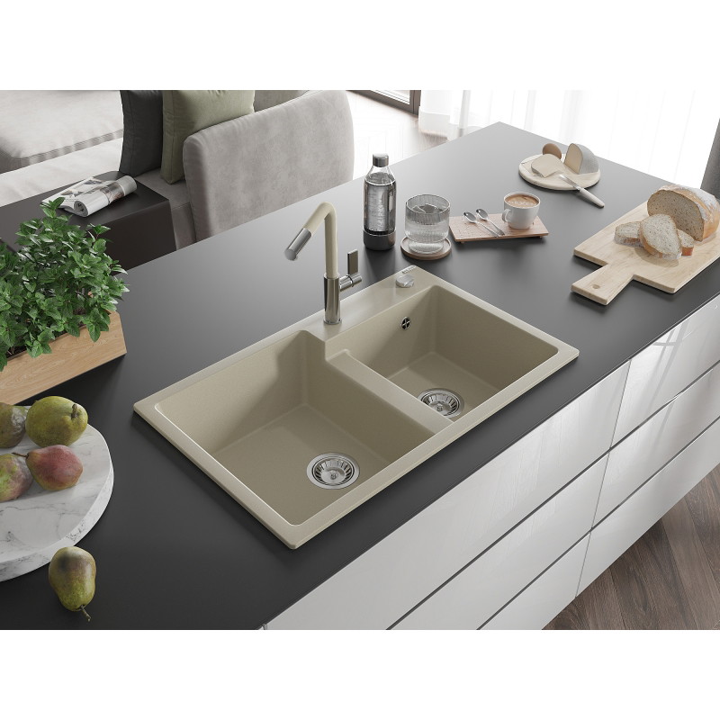 Mexen Tomas granitische gootsteen met 2 kamers en keukenmengkraan Flora, beige - 6516-69-670401-09