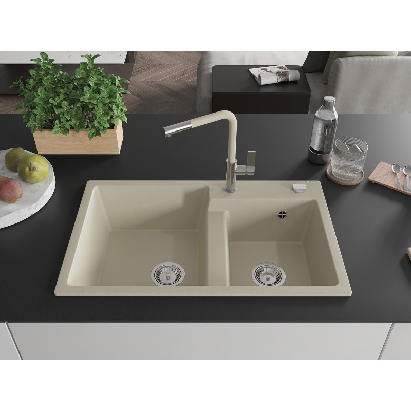 Mexen Tomas fregadero de granito de 2 senos con grifo de cocina Flora, beige - 6516-69-670401-09