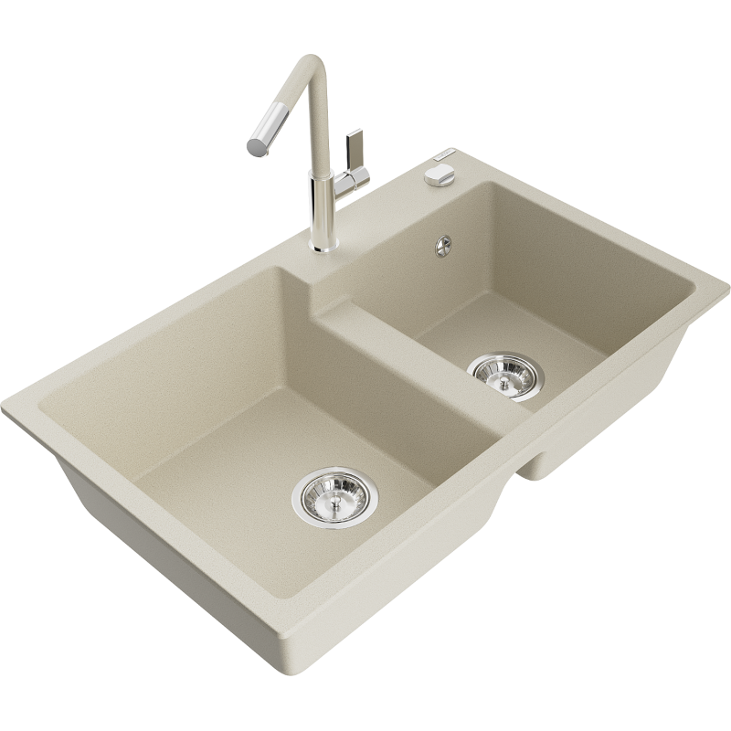 Mexen Tomas fregadero de granito de 2 compartimentos con grifo de cocina Flora, beige - 6516-69-670401-09