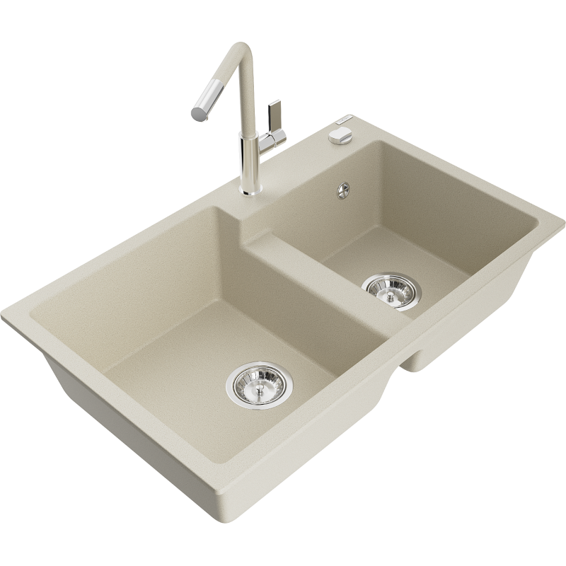 Mexen Tomas granite sink with 2 bowls and Flora kitchen tap, beige - 6516-69-670401-09