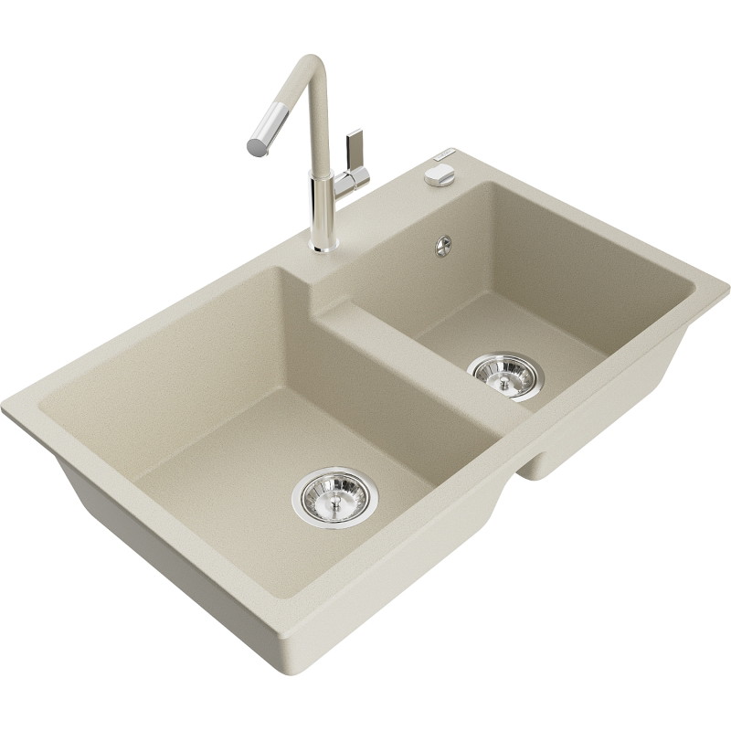 Mexen Tomas granitische gootsteen met 2 kamers en keukenmengkraan Flora, beige - 6516-69-670401-09