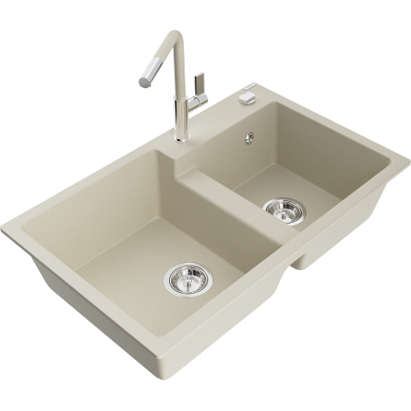 Mexen Tomas lavello da cucina in granito a 2 vasche con miscelatore Flora, beige - 6516-69-670401-09