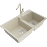 Mexen Tomas granieten gootsteen met 2 kamers en Flora keukenmengkraan, beige - 6516-69-670401-09