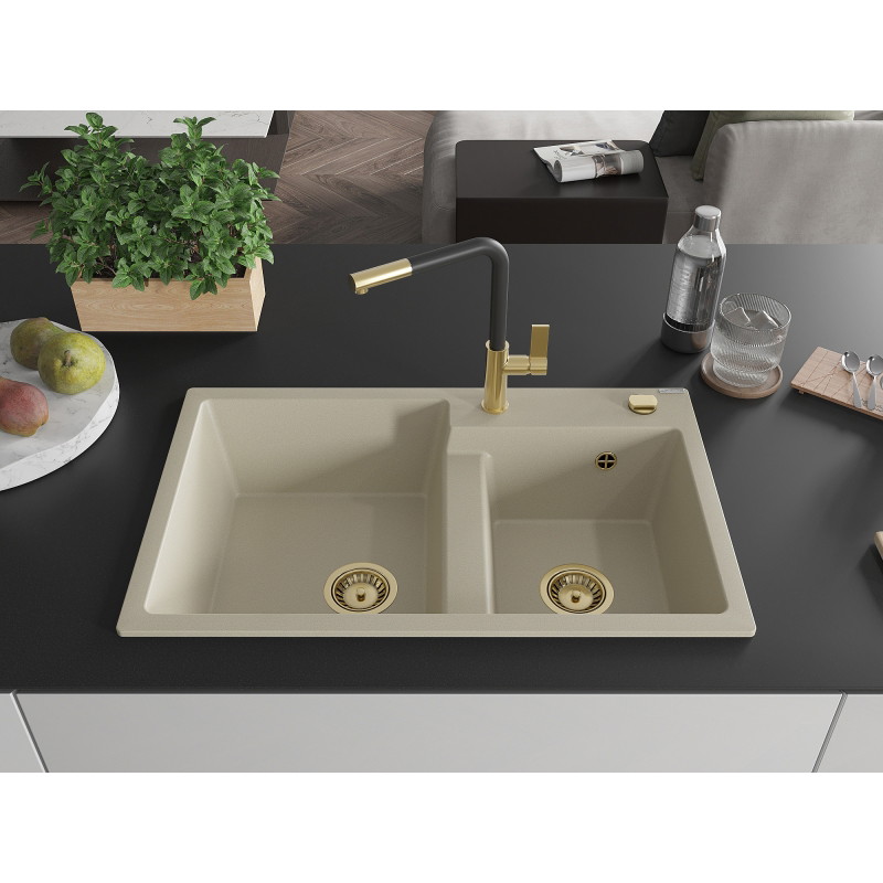 Mexen Tomas Granit-Spüle mit 2 Becken und Küchenarmatur Flora, beige - 6516-69-670401-57-G
