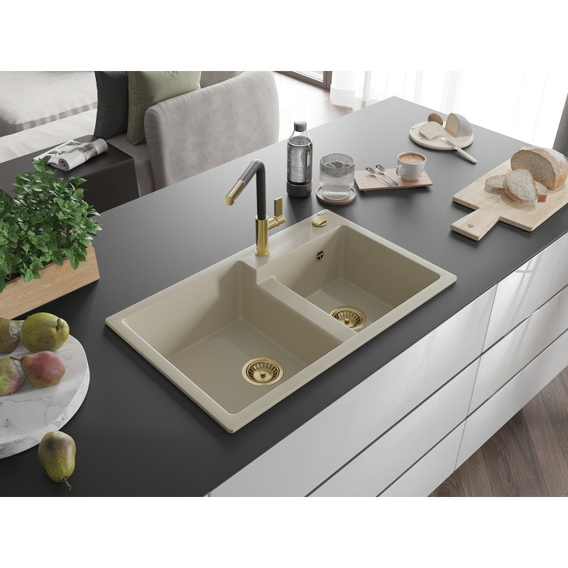 Mexen Tomas tweezelfde granieten gootsteen met keukenmengkraan Flora, beige - 6516-69-670401-57-G
