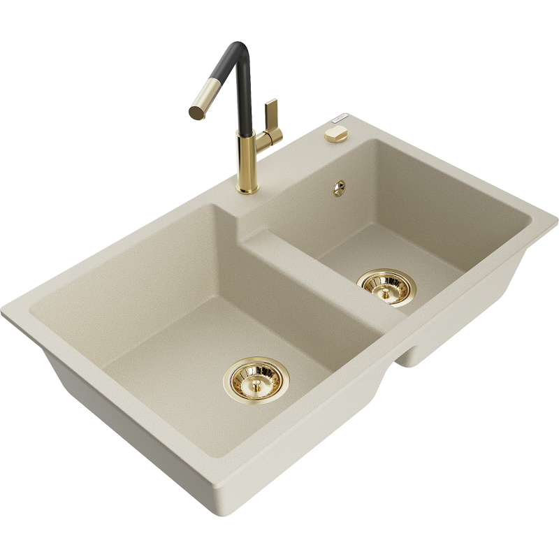 Mexen Tomas fregadero de granito de 2 compartimentos con grifo de cocina Flora, beige - 6516-69-670401-57-G