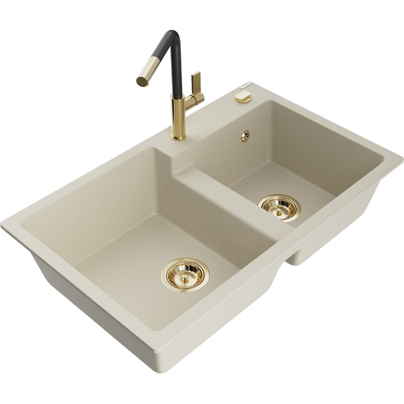 Mexen Tomas tweezelfde granieten gootsteen met keukenmengkraan Flora, beige - 6516-69-670401-57-G