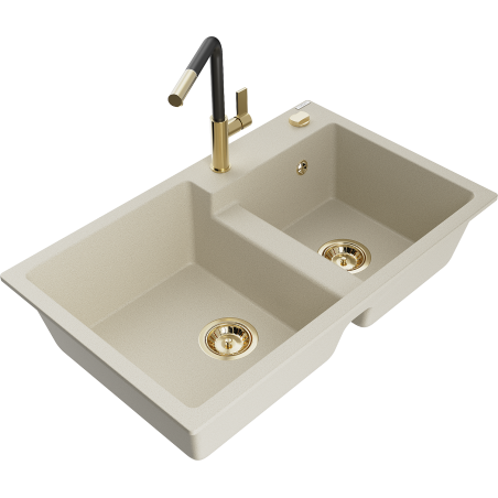 Mexen Tomas fregadero de granito de 2 compartimentos con grifo de cocina Flora, beige - 6516-69-670401-57-G