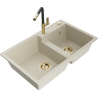 Mexen Tomas granieten gootsteen 2-komoren met keukenkraan Flora, beige - 6516-69-670401-57-G