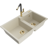 Mexen Tomas granite sink with 2 bowls and Flora kitchen tap, beige - 6516-69-670401-57-G