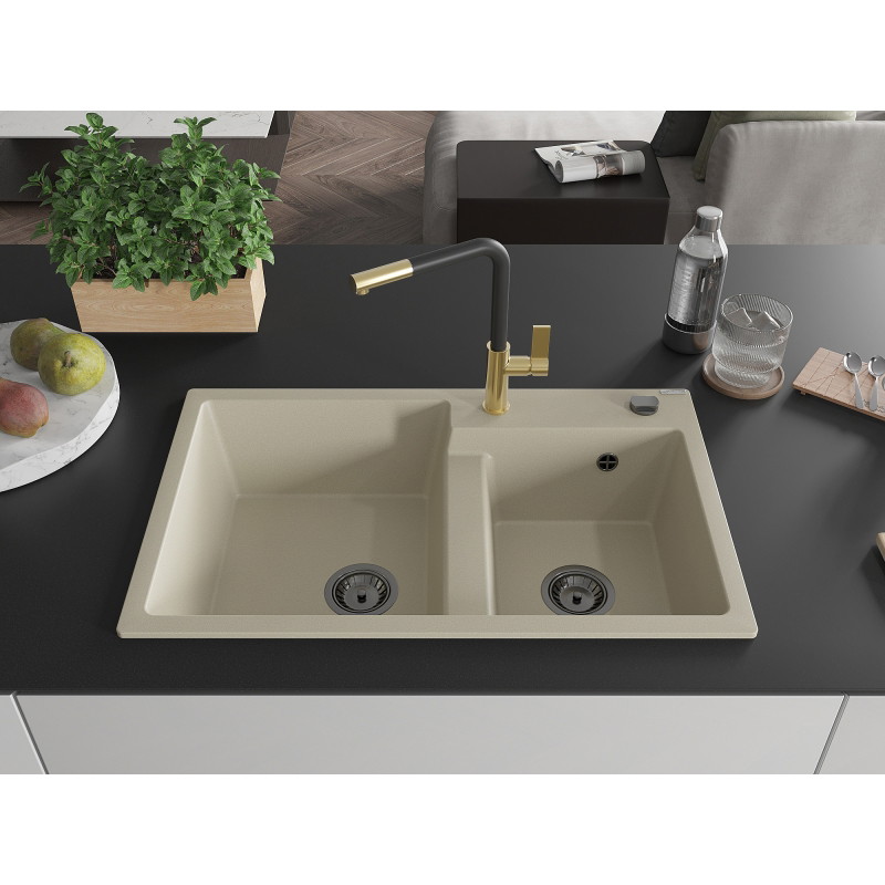 Mexen Tomas granit gootsteen 2-kamer met keukenkraan Flora, beige - 6516-69-670401-57-B