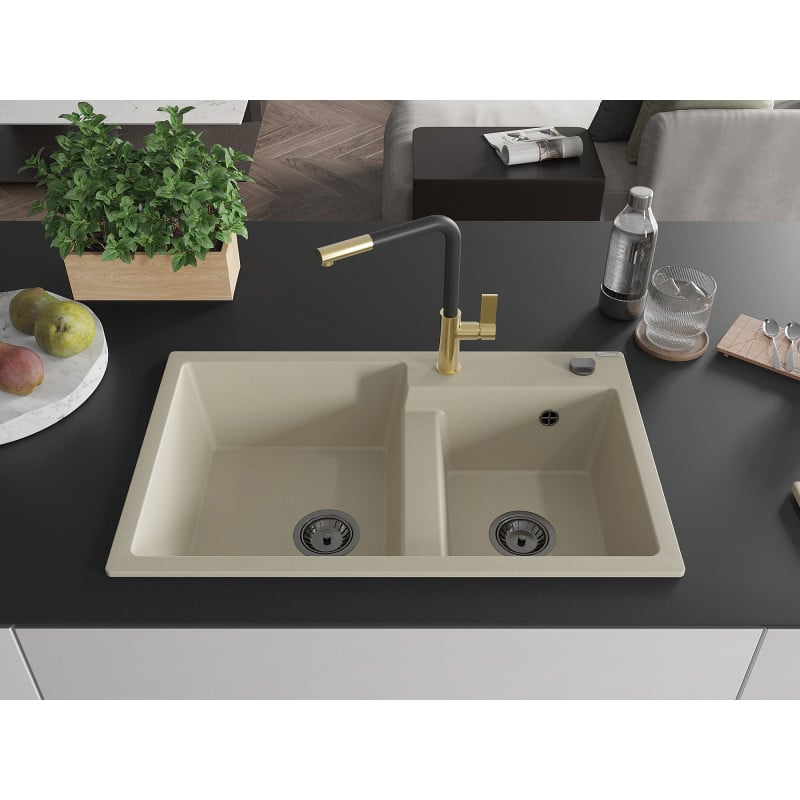 Mexen Tomas lavello in granito a 2 vasche con miscelatore cucina Flora, beige - 6516-69-670401-57-B