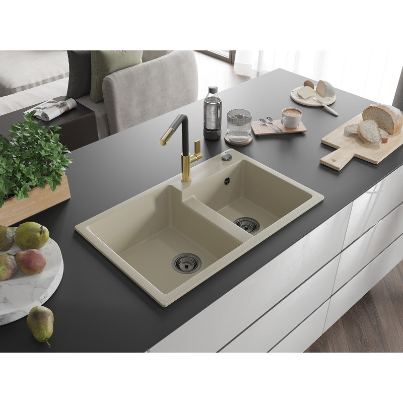 Mexen Tomas fregadero de granito de 2 senos con grifo de cocina Flora, beige - 6516-69-670401-57-B