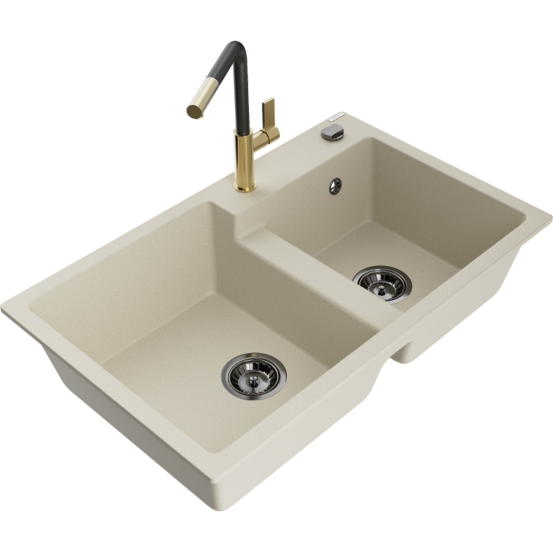 Mexen Tomas fregadero de granito de 2 compartimentos con grifo de cocina Flora, beige - 6516-69-670401-57-B