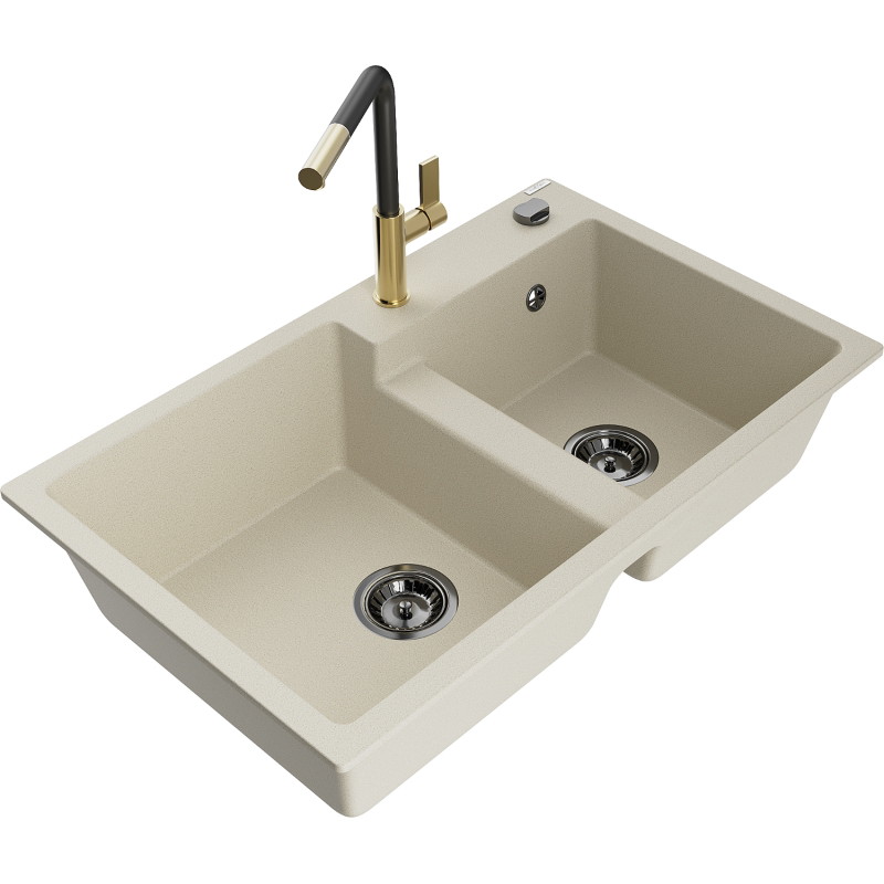 Mexen Tomas fregadero de granito de 2 senos con grifo de cocina Flora, beige - 6516-69-670401-57-B