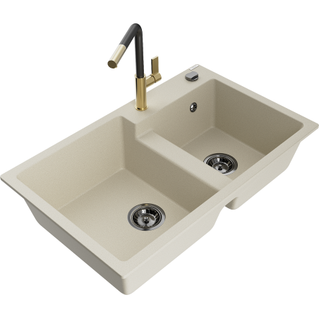 Mexen Tomas évier de cuisine en granit à 2 bacs avec robinet de cuisine Flora, beige - 6516-69-670401-57-B