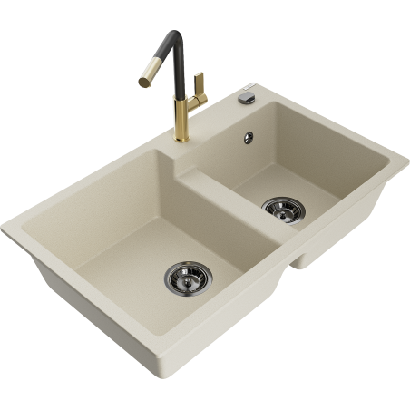 Mexen Tomas Granitspüle 2-Kammer mit Küchenarmatur Flora, beige - 6516-69-670401-57-B