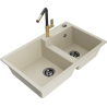 Mexen Tomas granite 2-bowl sink with Flora kitchen tap, beige - 6516-69-670401-57-B