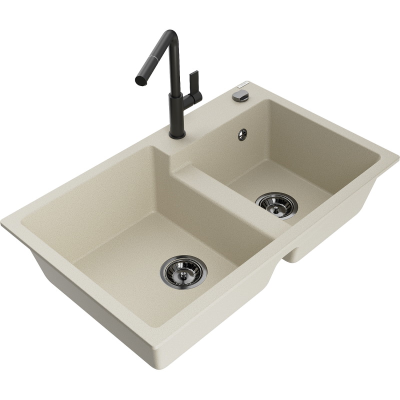 Mexen Tomas fregadero de granito de 2 senos con grifo de cocina Flora, beige - 6516-69-670401-70-B