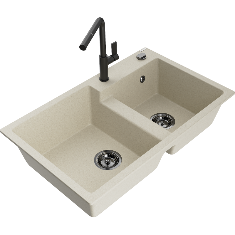 Mexen Tomas Granit-Spüle 2 Kammern mit Küchenarmatur Flora, beige - 6516-69-670401-70-B