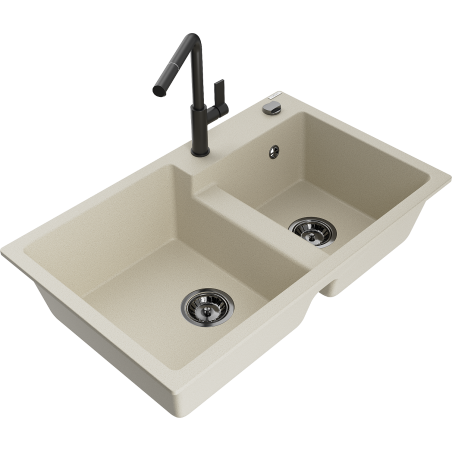 Mexen Tomas 2-chamber granite kitchen sink with Flora kitchen tap, beige - 6516-69-670401-70-B