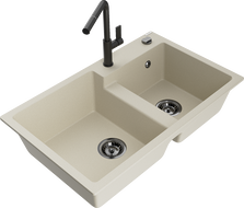 Mexen Tomas lavello in granito a 2 vasche con rubinetto da cucina Flora, beige - 6516-69-670401-70-B