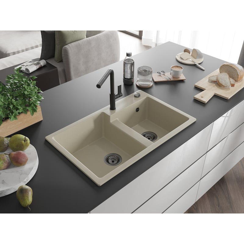 Mexen Tomas 2-bowl granite kitchen sink with Flora faucet, beige - 6516-69-670401-70-B
