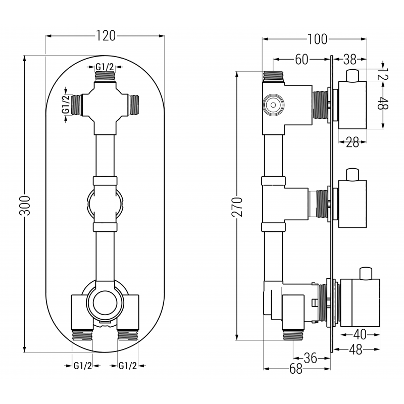 Mexen Kai thermostatische Drei-Wege-Wannen-Duscharmatur, Chrom - 77603-00
