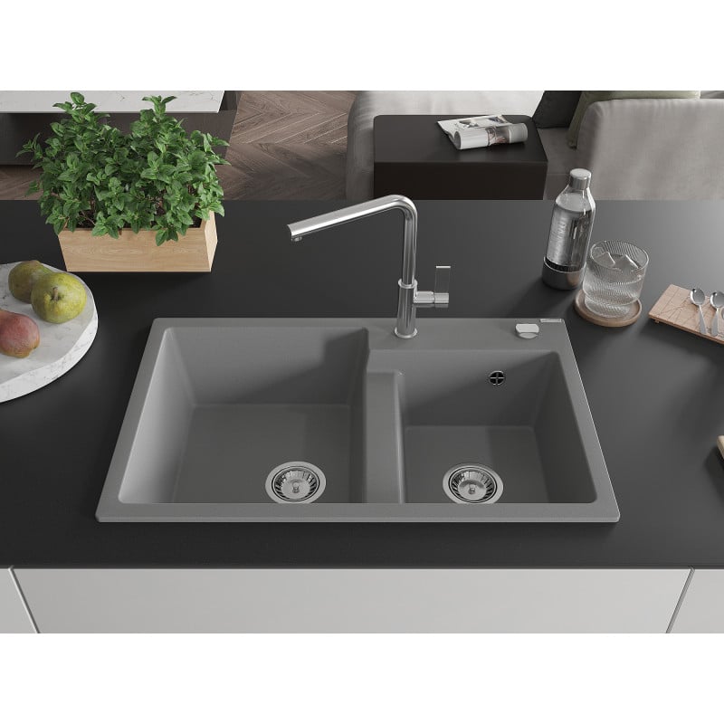 Mexen Tomas 2-bowl granite kitchen sink with Flora tap, grey - 6516-71-670401-00