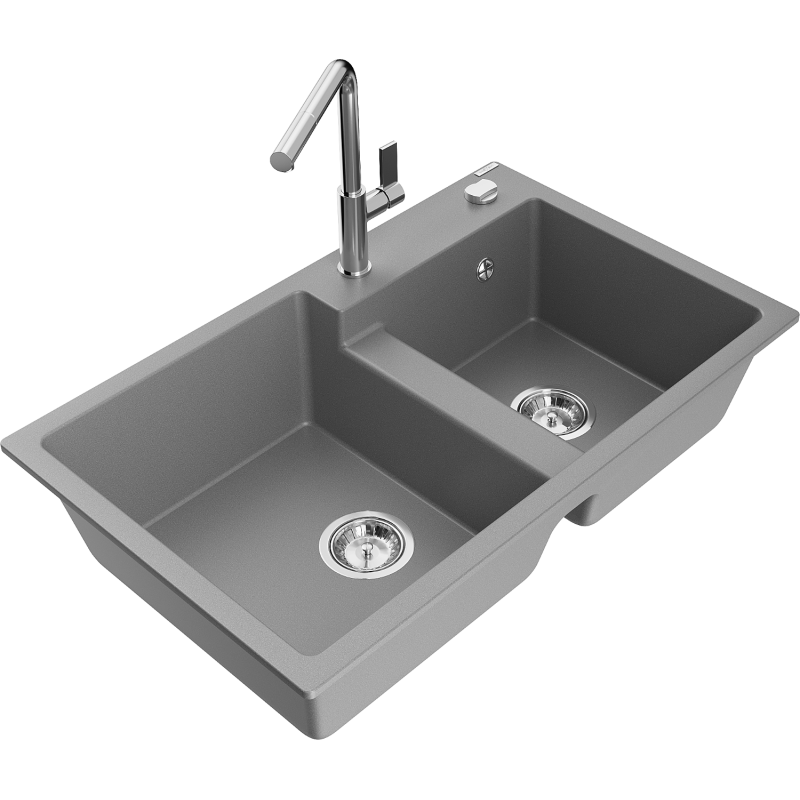 Mexen Tomas Granitspüle 2-Becken mit Küchenarmatur Flora, grau - 6516-71-670401-00