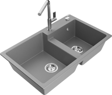 Mexen Tomas fregadero de granito de 2 senos con grifo de cocina Flora, gris - 6516-71-670401-00