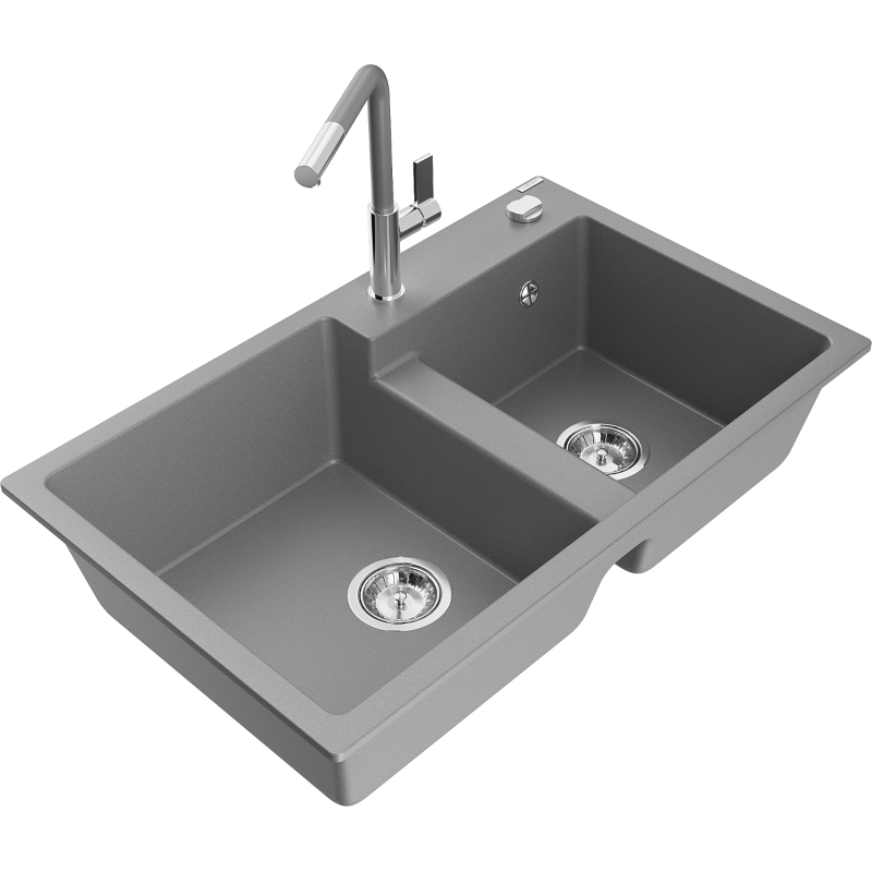 Mexen Tomas fregadero de cocina de granito de 2 compartimentos con grifo Flora, gris - 6516-71-670401-06