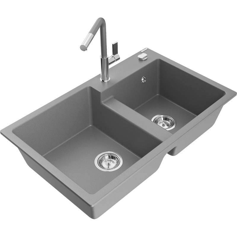 Mexen Tomas granite 2-bowl sink with Flora kitchen tap, grey - 6516-71-670401-06